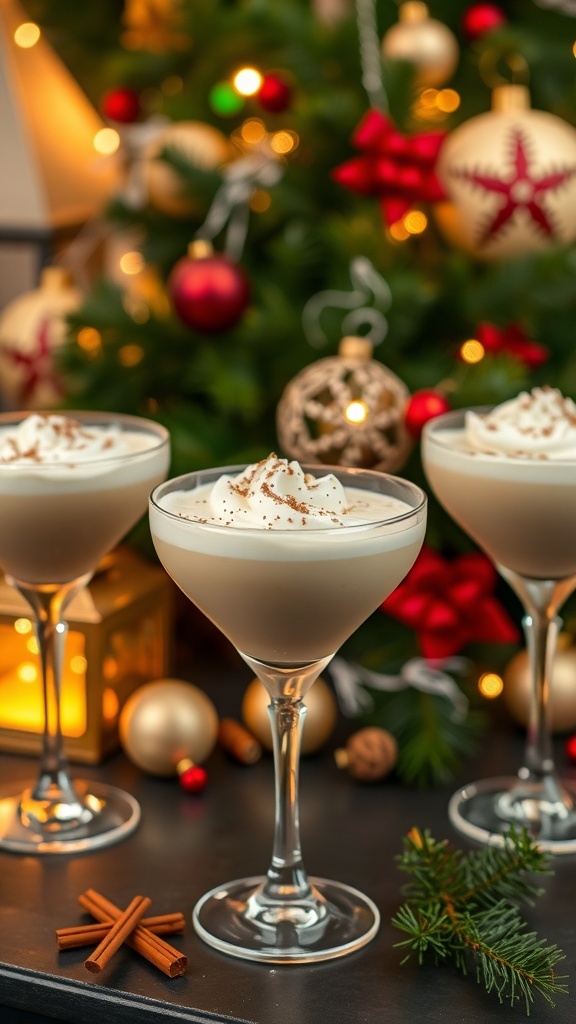 Festive vanilla cocktails with whipped cream and cinnamon, surrounded by holiday decorations.